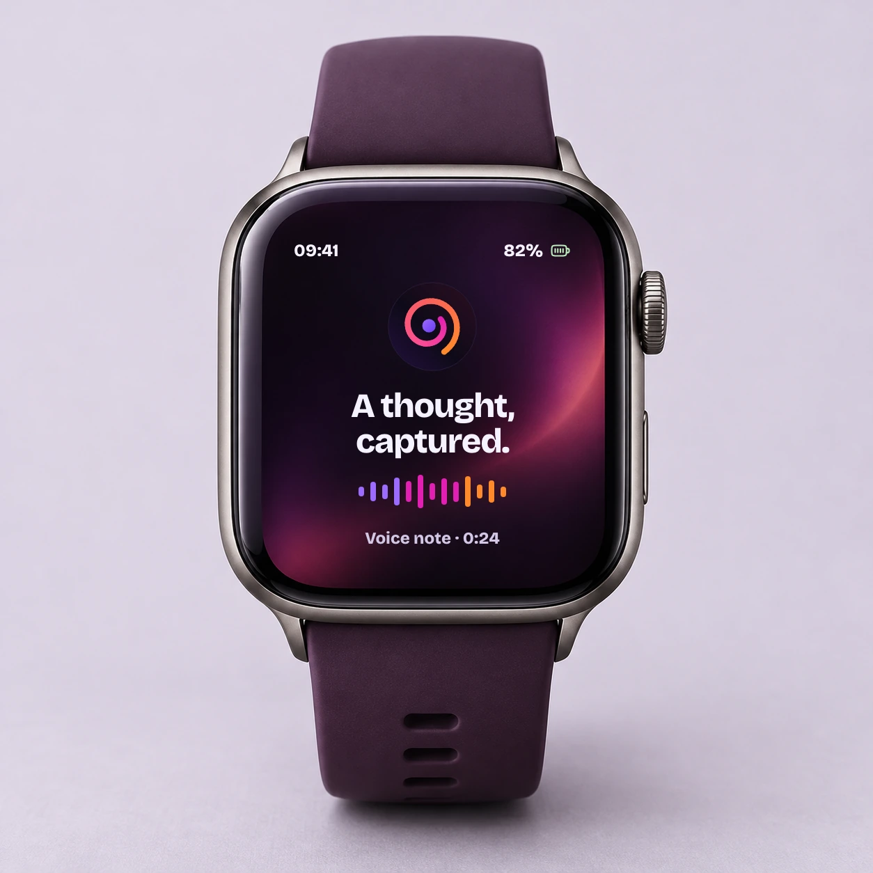 Photorealistic titanium smartwatch concept with a plum strap, aurora wallpaper, a battery indicator and a saved voice note beneath the spiral badge